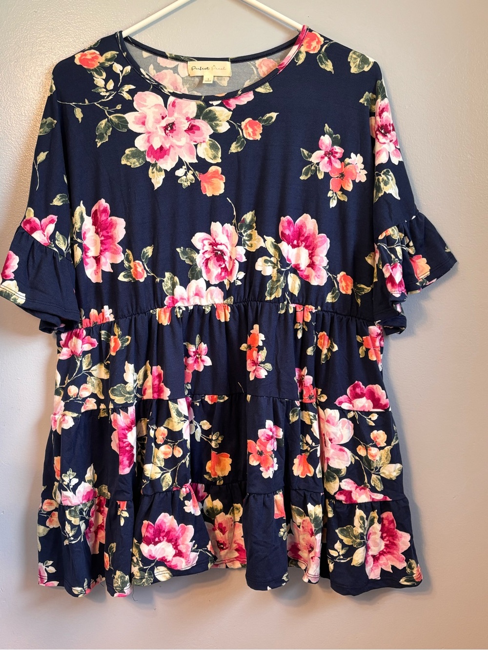 Perfect Peach Navy Floral Tiered Babydoll Dress Flutter Sleeve. Sz L. NWOT